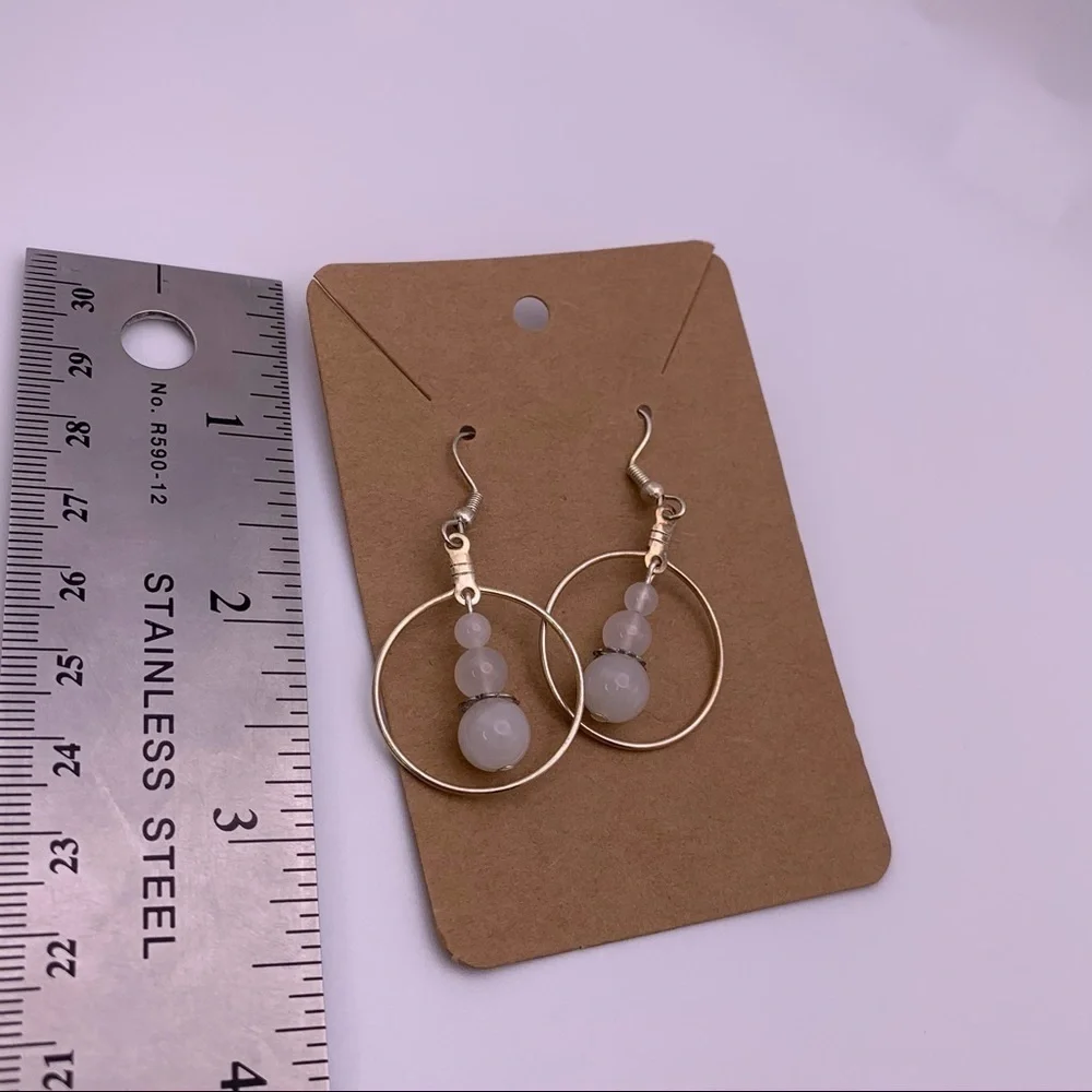 Genuine Milky Quartz Graduated 3 Beaded Dangle Silver Tone Hoop Earrings Pierced